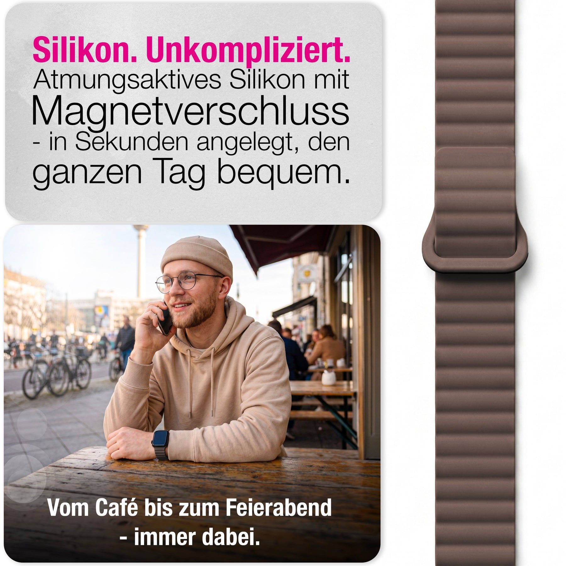 NALIA Core Magnet Armband kompatibel mit Apple Watch Series Ultra/SE/10/9/8/7/6/5/4/3/2/1 – 42/44/45/46/49mm, Atmungsaktives Silikon Loop, Sportarmband mit Rillendesign Kakaotraum NALIA Silikon Armband