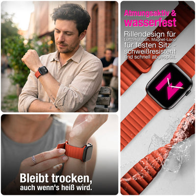 NALIA Core Magnet Armband kompatibel mit Apple Watch Series Ultra/SE/10/9/8/7/6/5/4/3/2/1 – 42/44/45/46/49mm, Atmungsaktives Silikon Loop, Sportarmband mit Rillendesign Leuchtorange NALIA Silikon Armband