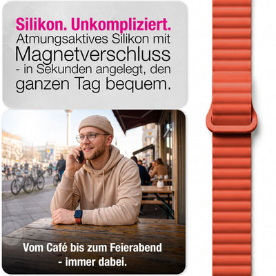NALIA Core Magnet Armband kompatibel mit Apple Watch Series Ultra/SE/10/9/8/7/6/5/4/3/2/1 – 42/44/45/46/49mm, Atmungsaktives Silikon Loop, Sportarmband mit Rillendesign Leuchtorange NALIA Silikon Armband