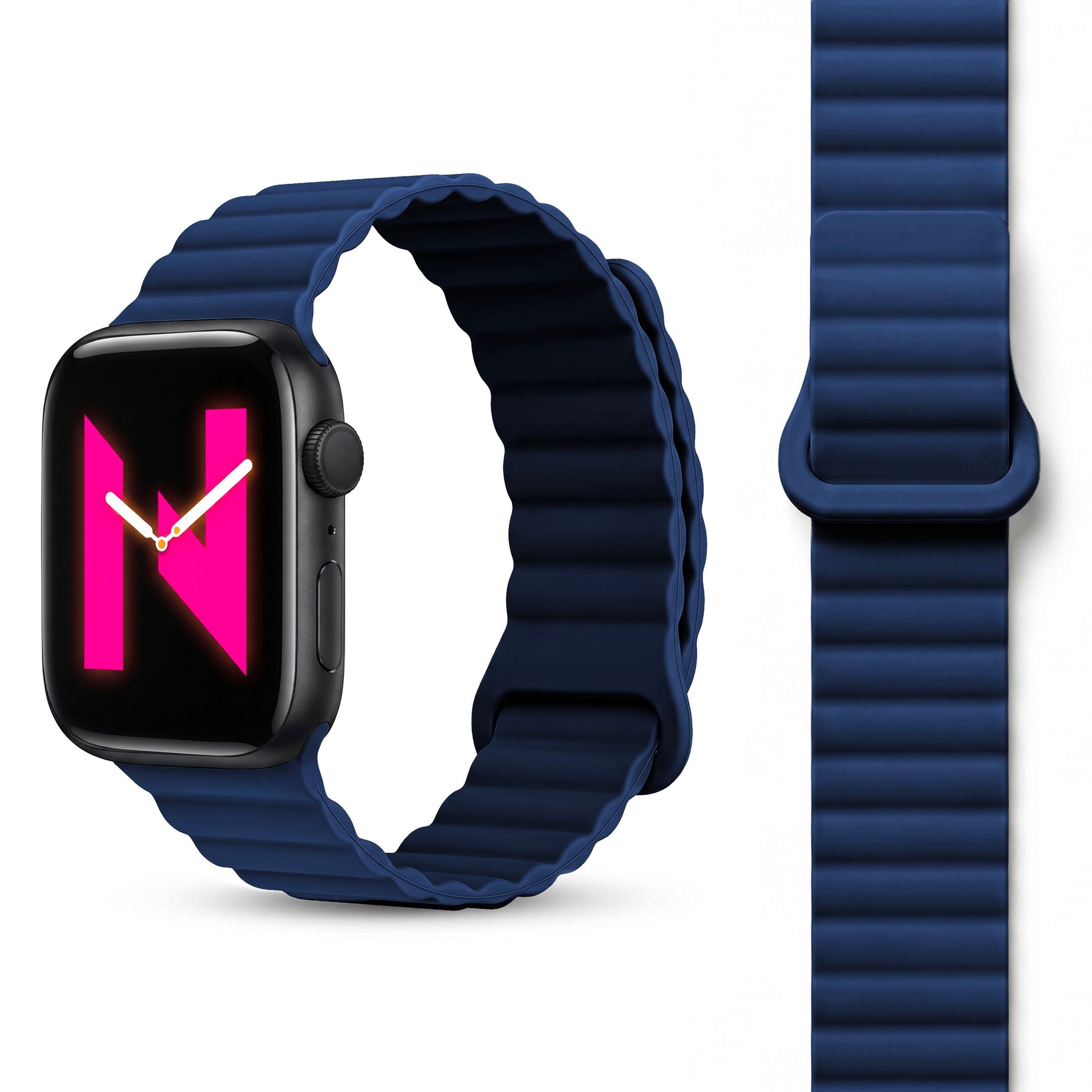 NALIA Core Magnet Armband kompatibel mit Apple Watch Series Ultra/SE/10/9/8/7/6/5/4/3/2/1 – 42/44/45/46/49mm, Atmungsaktives Silikon Loop, Sportarmband mit Rillendesign Marineblau NALIA Silikon Armband