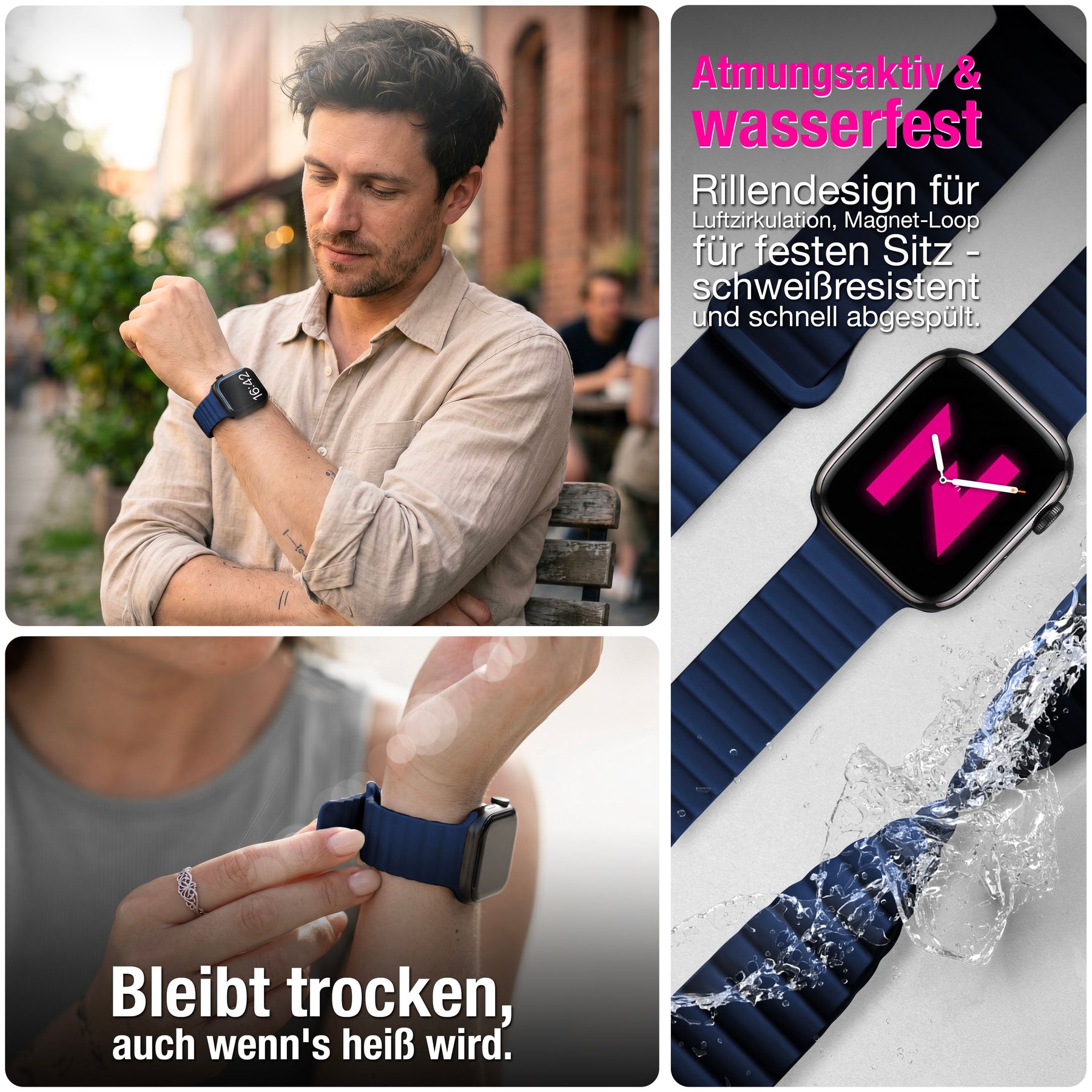NALIA Core Magnet Armband kompatibel mit Apple Watch Series Ultra/SE/10/9/8/7/6/5/4/3/2/1 – 42/44/45/46/49mm, Atmungsaktives Silikon Loop, Sportarmband mit Rillendesign Marineblau NALIA Silikon Armband