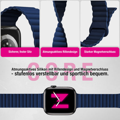NALIA Core Magnet Armband kompatibel mit Apple Watch Series Ultra/SE/10/9/8/7/6/5/4/3/2/1 – 42/44/45/46/49mm, Atmungsaktives Silikon Loop, Sportarmband mit Rillendesign Marineblau NALIA Silikon Armband