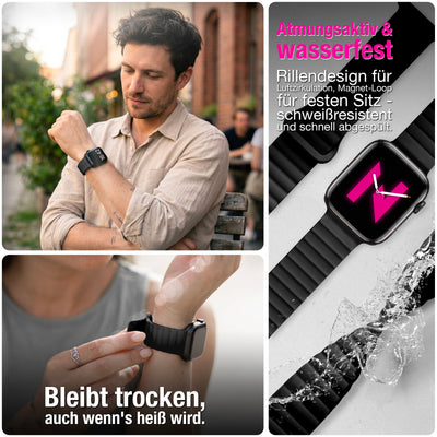 NALIA Core Magnet Armband kompatibel mit Apple Watch Series Ultra/SE/10/9/8/7/6/5/4/3/2/1 – 42/44/45/46/49mm, Atmungsaktives Silikon Loop, Sportarmband mit Rillendesign Nachtschwarz NALIA Silikon Armband