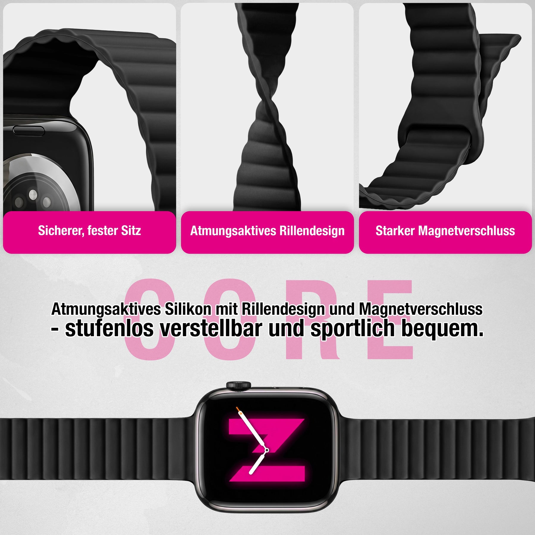 NALIA Core Magnet Armband kompatibel mit Apple Watch Series Ultra/SE/10/9/8/7/6/5/4/3/2/1 – 42/44/45/46/49mm, Atmungsaktives Silikon Loop, Sportarmband mit Rillendesign Nachtschwarz NALIA Silikon Armband