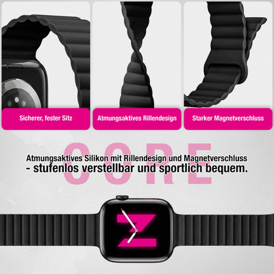 NALIA Core Magnet Armband kompatibel mit Apple Watch Series Ultra/SE/10/9/8/7/6/5/4/3/2/1 – 42/44/45/46/49mm, Atmungsaktives Silikon Loop, Sportarmband mit Rillendesign Nachtschwarz NALIA Silikon Armband