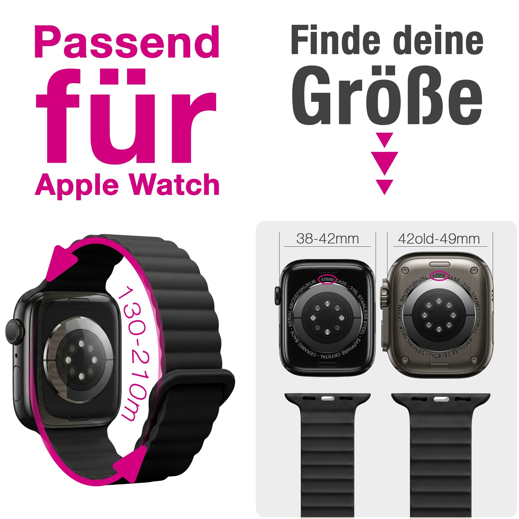 NALIA Core Magnet Armband kompatibel mit Apple Watch Series Ultra/SE/10/9/8/7/6/5/4/3/2/1 – 42/44/45/46/49mm, Atmungsaktives Silikon Loop, Sportarmband mit Rillendesign Nachtschwarz NALIA Silikon Armband