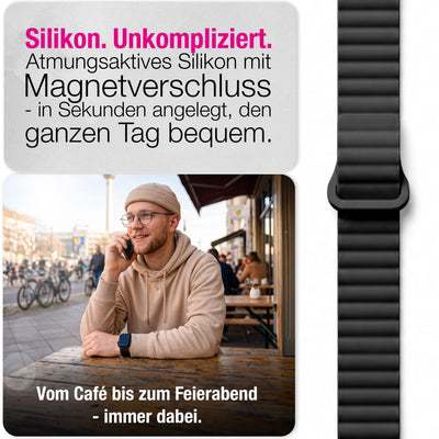 NALIA Core Magnet Armband kompatibel mit Apple Watch Series Ultra/SE/10/9/8/7/6/5/4/3/2/1 – 42/44/45/46/49mm, Atmungsaktives Silikon Loop, Sportarmband mit Rillendesign Nachtschwarz NALIA Silikon Armband