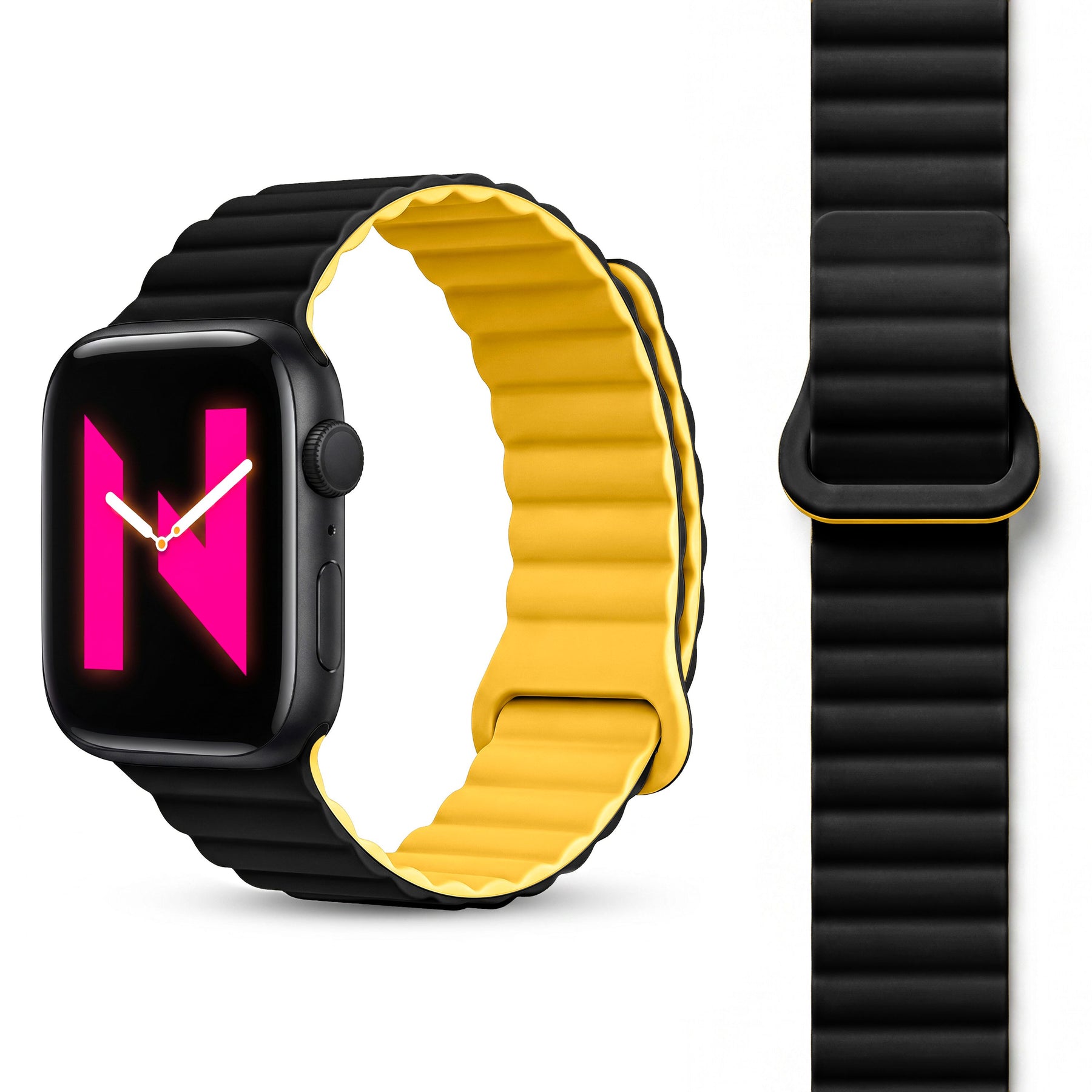 NALIA Core Magnet Armband kompatibel mit Apple Watch Series Ultra/SE/10/9/8/7/6/5/4/3/2/1 – 42/44/45/46/49mm, Atmungsaktives Silikon Loop, Sportarmband mit Rillendesign Nachtschwarz Gelb NALIA Silikon Armband