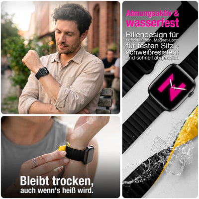 NALIA Core Magnet Armband kompatibel mit Apple Watch Series Ultra/SE/10/9/8/7/6/5/4/3/2/1 – 42/44/45/46/49mm, Atmungsaktives Silikon Loop, Sportarmband mit Rillendesign Nachtschwarz Gelb NALIA Silikon Armband