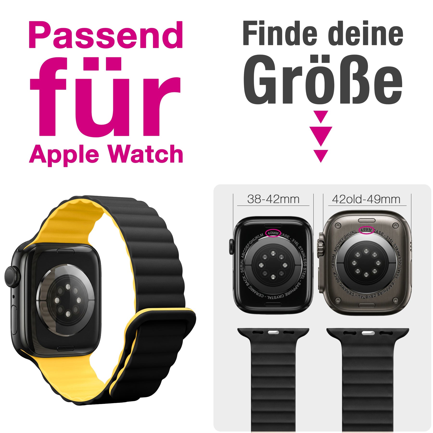 NALIA Core Magnet Armband kompatibel mit Apple Watch Series Ultra/SE/10/9/8/7/6/5/4/3/2/1 – 42/44/45/46/49mm, Atmungsaktives Silikon Loop, Sportarmband mit Rillendesign Nachtschwarz Gelb NALIA Silikon Armband