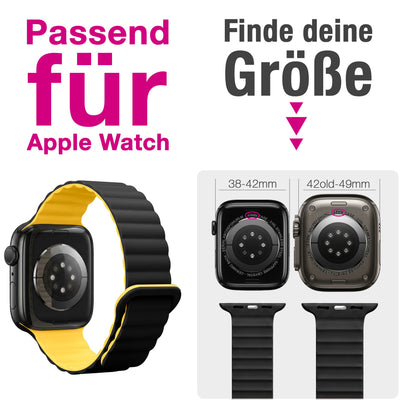 NALIA Core Magnet Armband kompatibel mit Apple Watch Series Ultra/SE/10/9/8/7/6/5/4/3/2/1 – 42/44/45/46/49mm, Atmungsaktives Silikon Loop, Sportarmband mit Rillendesign Nachtschwarz Gelb NALIA Silikon Armband