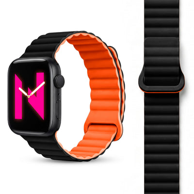 NALIA Core Magnet Armband kompatibel mit Apple Watch Series Ultra/SE/10/9/8/7/6/5/4/3/2/1 – 42/44/45/46/49mm, Atmungsaktives Silikon Loop, Sportarmband mit Rillendesign Nachtschwarz Orange NALIA Silikon Armband