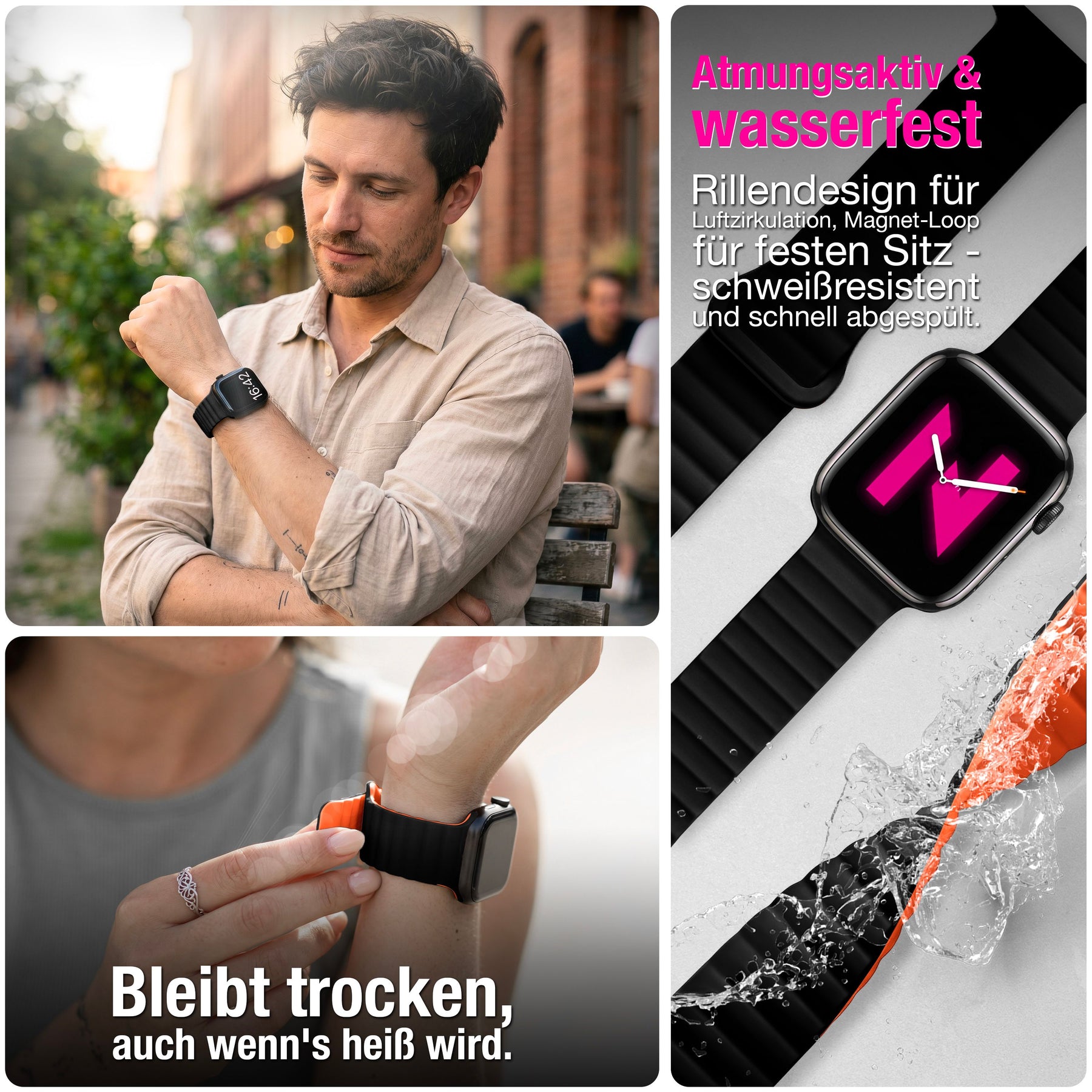 NALIA Core Magnet Armband kompatibel mit Apple Watch Series Ultra/SE/10/9/8/7/6/5/4/3/2/1 – 42/44/45/46/49mm, Atmungsaktives Silikon Loop, Sportarmband mit Rillendesign Nachtschwarz Orange NALIA Silikon Armband