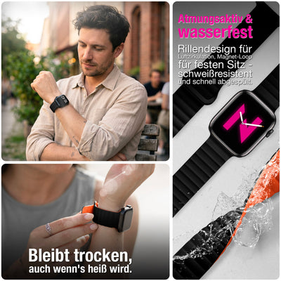 NALIA Core Magnet Armband kompatibel mit Apple Watch Series Ultra/SE/10/9/8/7/6/5/4/3/2/1 – 42/44/45/46/49mm, Atmungsaktives Silikon Loop, Sportarmband mit Rillendesign Nachtschwarz Orange NALIA Silikon Armband