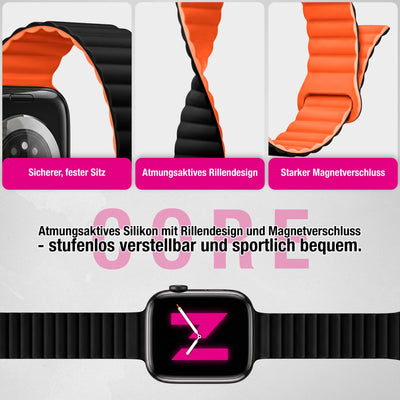 NALIA Core Magnet Armband kompatibel mit Apple Watch Series Ultra/SE/10/9/8/7/6/5/4/3/2/1 – 42/44/45/46/49mm, Atmungsaktives Silikon Loop, Sportarmband mit Rillendesign Nachtschwarz Orange NALIA Silikon Armband