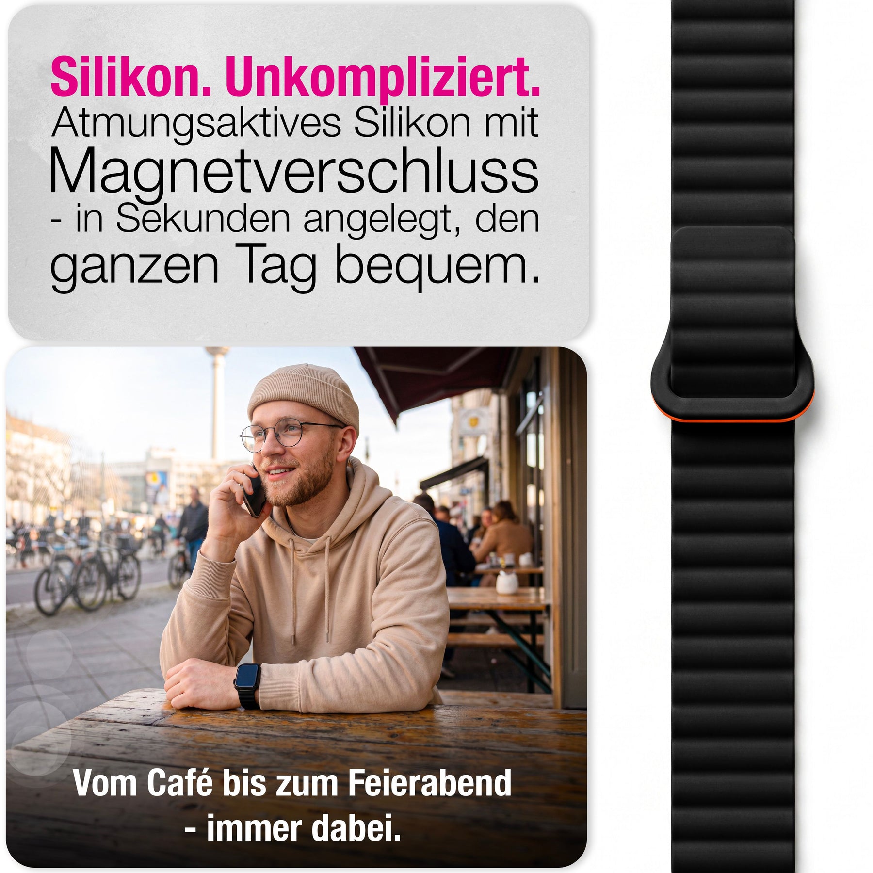 NALIA Core Magnet Armband kompatibel mit Apple Watch Series Ultra/SE/10/9/8/7/6/5/4/3/2/1 – 42/44/45/46/49mm, Atmungsaktives Silikon Loop, Sportarmband mit Rillendesign Nachtschwarz Orange NALIA Silikon Armband