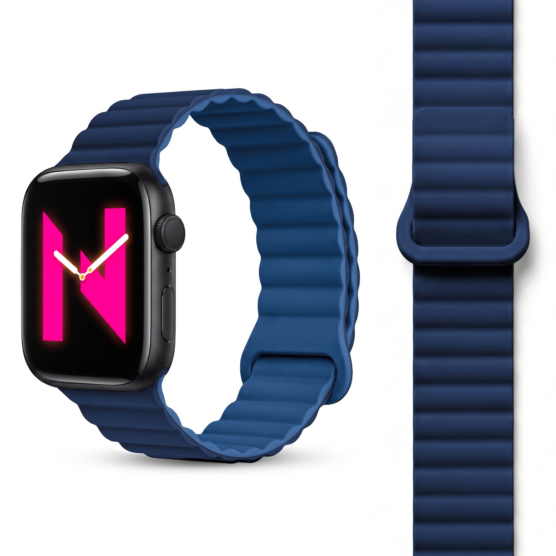 NALIA Core Magnet Armband kompatibel mit Apple Watch Series Ultra/SE/10/9/8/7/6/5/4/3/2/1 – 42/44/45/46/49mm, Atmungsaktives Silikon Loop, Sportarmband mit Rillendesign Ozeannacht NALIA Silikon Armband