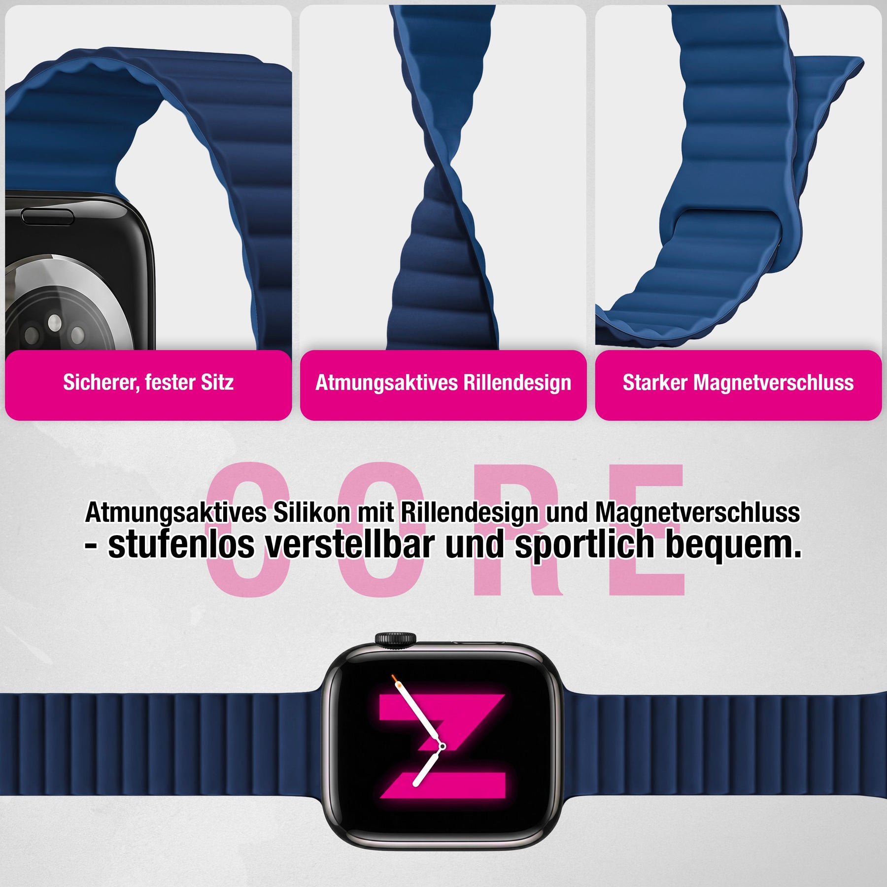 NALIA Core Magnet Armband kompatibel mit Apple Watch Series Ultra/SE/10/9/8/7/6/5/4/3/2/1 – 42/44/45/46/49mm, Atmungsaktives Silikon Loop, Sportarmband mit Rillendesign Ozeannacht NALIA Silikon Armband