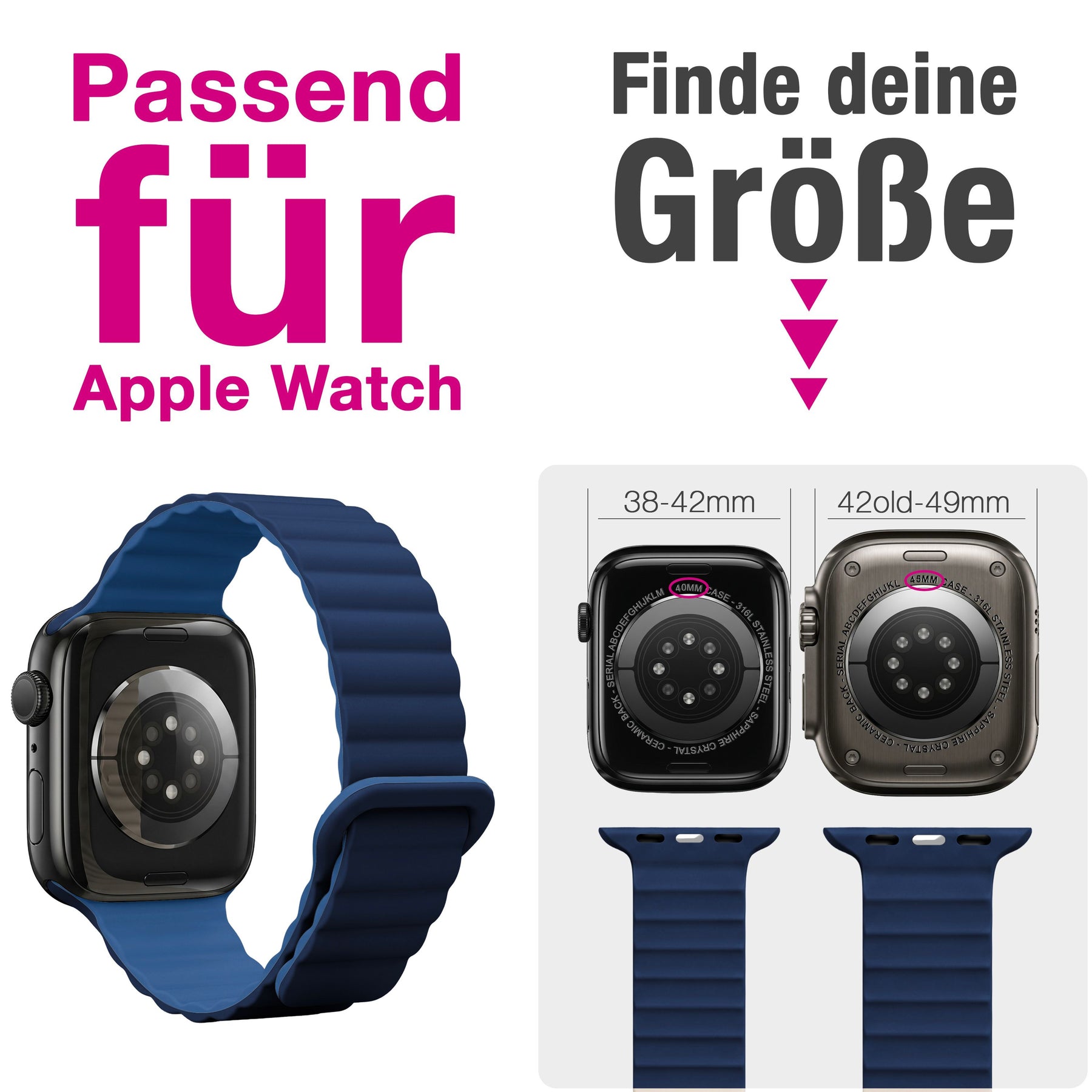 NALIA Core Magnet Armband kompatibel mit Apple Watch Series Ultra/SE/10/9/8/7/6/5/4/3/2/1 – 42/44/45/46/49mm, Atmungsaktives Silikon Loop, Sportarmband mit Rillendesign Ozeannacht NALIA Silikon Armband
