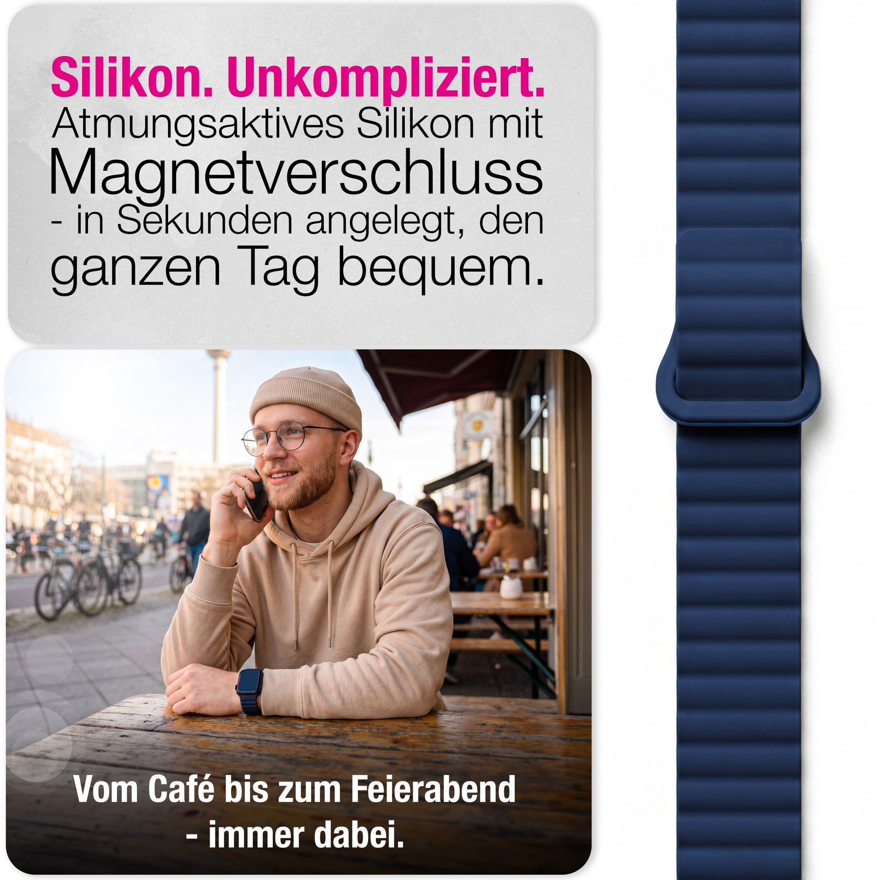 NALIA Core Magnet Armband kompatibel mit Apple Watch Series Ultra/SE/10/9/8/7/6/5/4/3/2/1 – 42/44/45/46/49mm, Atmungsaktives Silikon Loop, Sportarmband mit Rillendesign Ozeannacht NALIA Silikon Armband