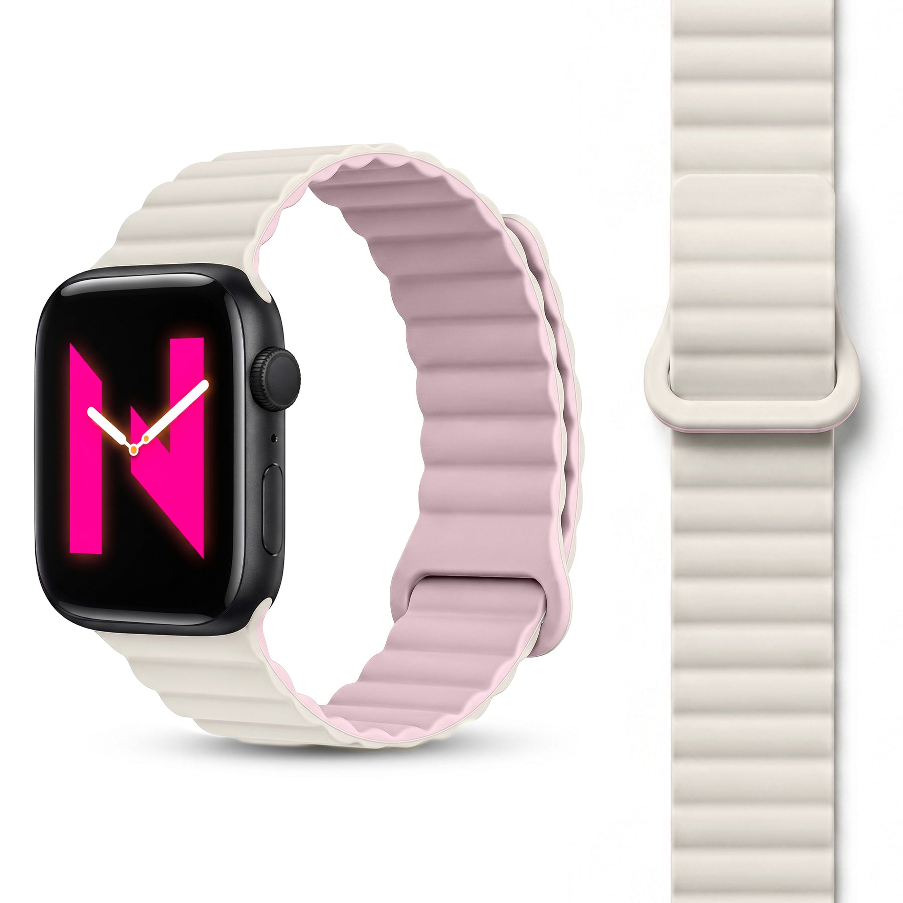 NALIA Core Magnet Armband kompatibel mit Apple Watch Series Ultra/SE/10/9/8/7/6/5/4/3/2/1 – 42/44/45/46/49mm, Atmungsaktives Silikon Loop, Sportarmband mit Rillendesign Pfirsichblüte NALIA Silikon Armband