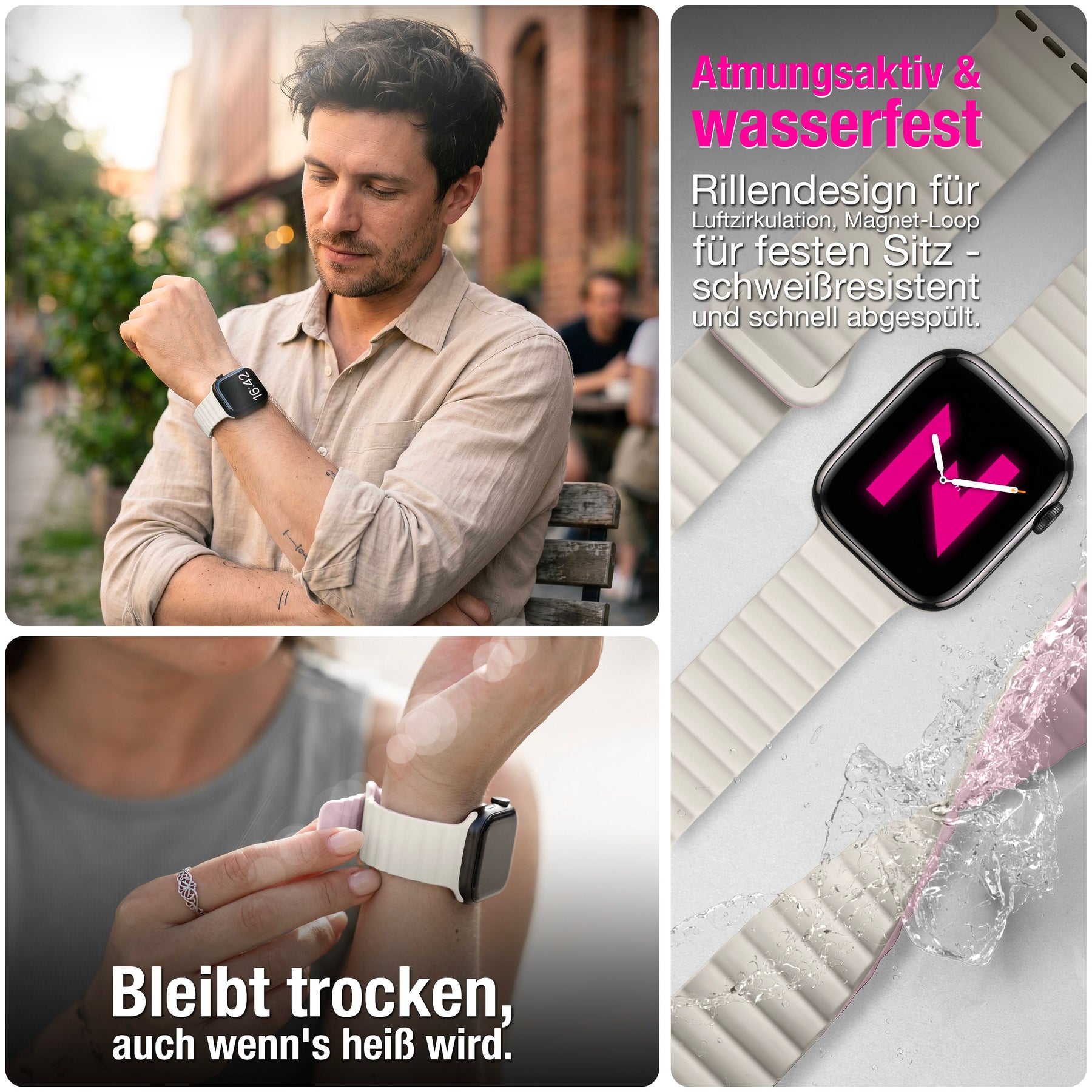 NALIA Core Magnet Armband kompatibel mit Apple Watch Series Ultra/SE/10/9/8/7/6/5/4/3/2/1 – 42/44/45/46/49mm, Atmungsaktives Silikon Loop, Sportarmband mit Rillendesign Pfirsichblüte NALIA Silikon Armband