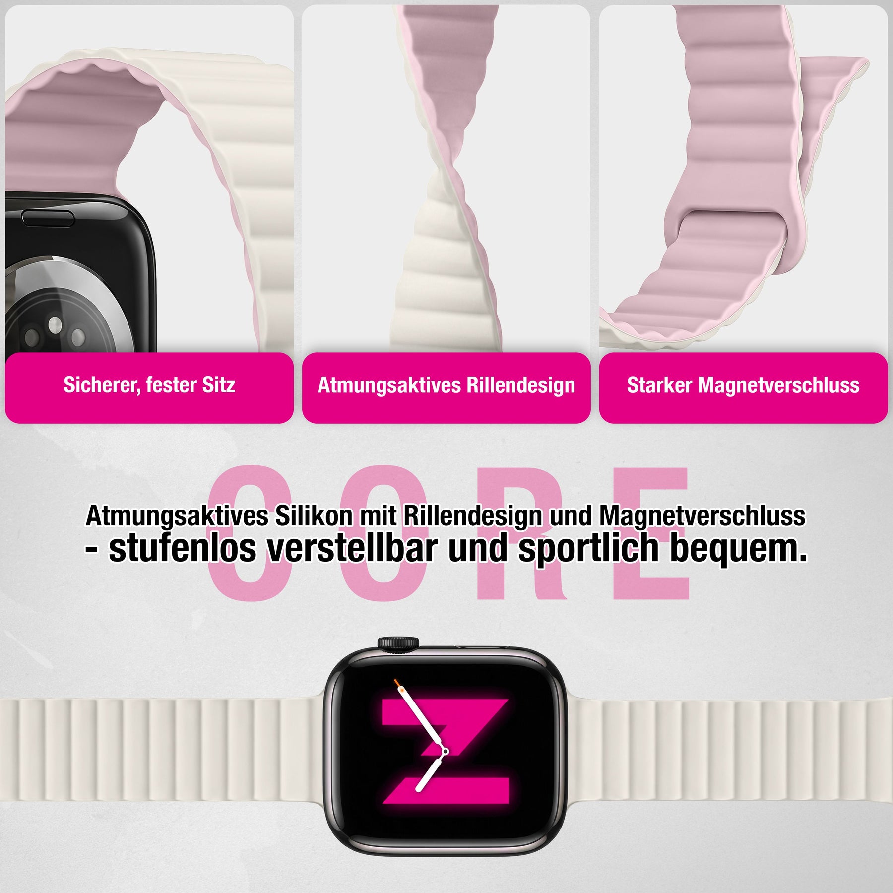 NALIA Core Magnet Armband kompatibel mit Apple Watch Series Ultra/SE/10/9/8/7/6/5/4/3/2/1 – 42/44/45/46/49mm, Atmungsaktives Silikon Loop, Sportarmband mit Rillendesign Pfirsichblüte NALIA Silikon Armband
