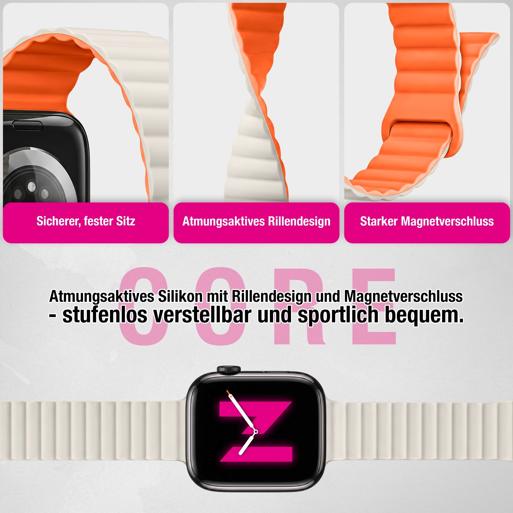 NALIA Core Magnet Armband kompatibel mit Apple Watch Series Ultra/SE/10/9/8/7/6/5/4/3/2/1 – 42/44/45/46/49mm, Atmungsaktives Silikon Loop, Sportarmband mit Rillendesign Polarstern Orange NALIA Silikon Armband