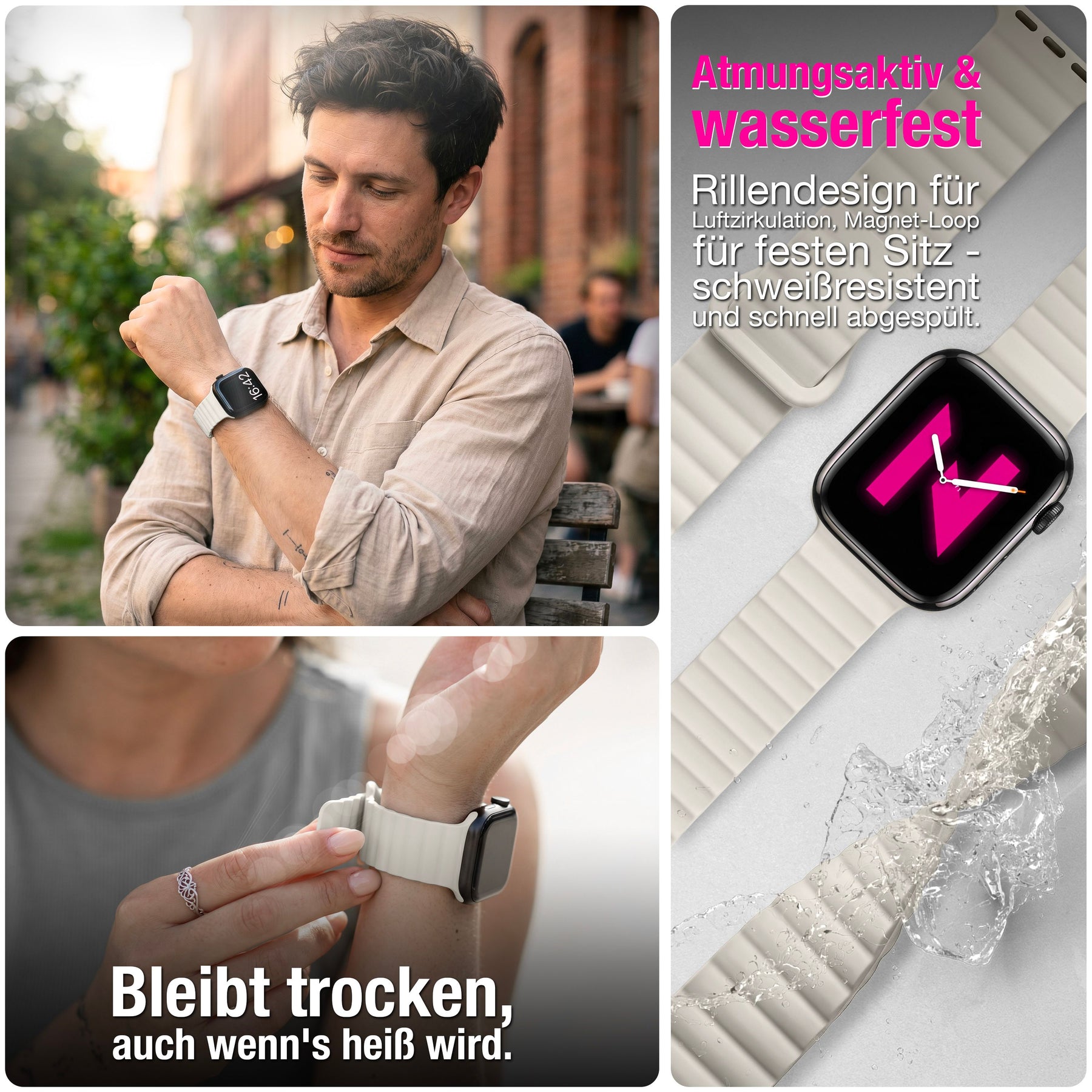 NALIA Core Magnet Armband kompatibel mit Apple Watch Series Ultra/SE/10/9/8/7/6/5/4/3/2/1 – 42/44/45/46/49mm, Atmungsaktives Silikon Loop, Sportarmband mit Rillendesign Polarstern Sandweiss NALIA Silikon Armband