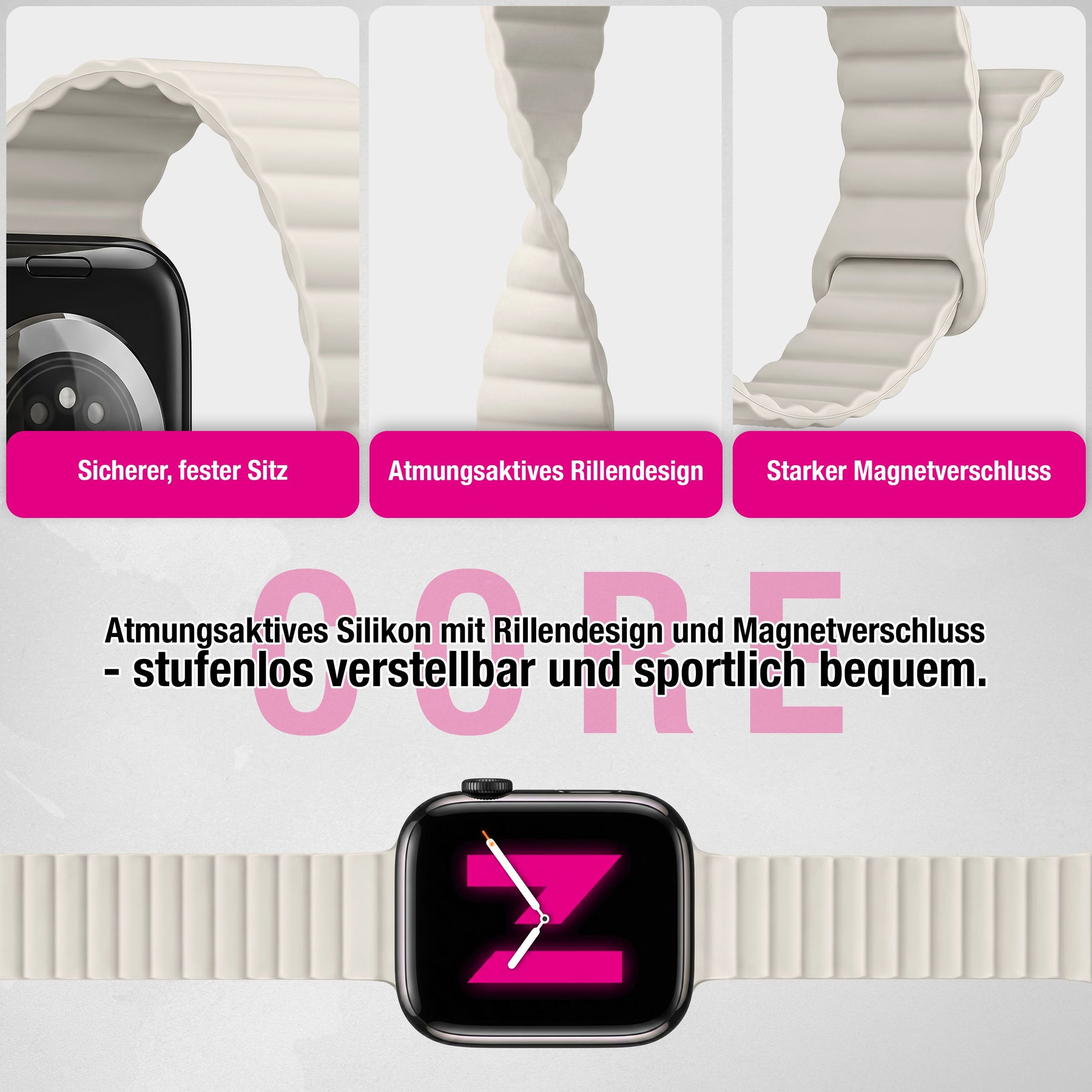 NALIA Core Magnet Armband kompatibel mit Apple Watch Series Ultra/SE/10/9/8/7/6/5/4/3/2/1 – 42/44/45/46/49mm, Atmungsaktives Silikon Loop, Sportarmband mit Rillendesign Polarstern Sandweiss NALIA Silikon Armband
