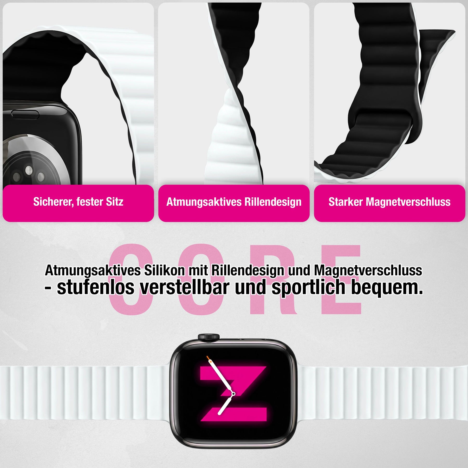 NALIA Core Magnet Armband kompatibel mit Apple Watch Series Ultra/SE/10/9/8/7/6/5/4/3/2/1 – 42/44/45/46/49mm, Atmungsaktives Silikon Loop, Sportarmband mit Rillendesign Schneeweiss NALIA Silikon Armband