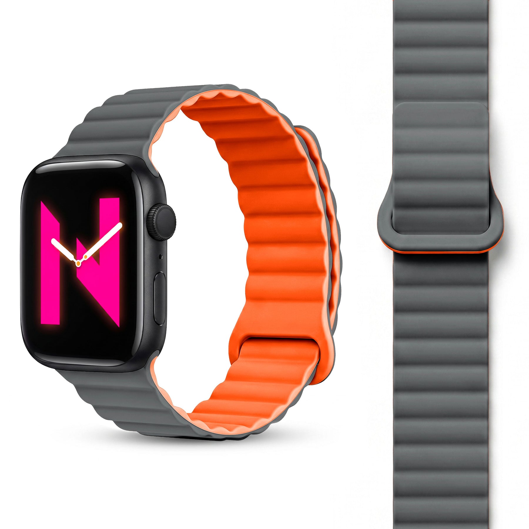 NALIA Core Magnet Armband kompatibel mit Apple Watch Series Ultra/SE/10/9/8/7/6/5/4/3/2/1 – 42/44/45/46/49mm, Atmungsaktives Silikon Loop, Sportarmband mit Rillendesign Vulkangrau NALIA Silikon Armband