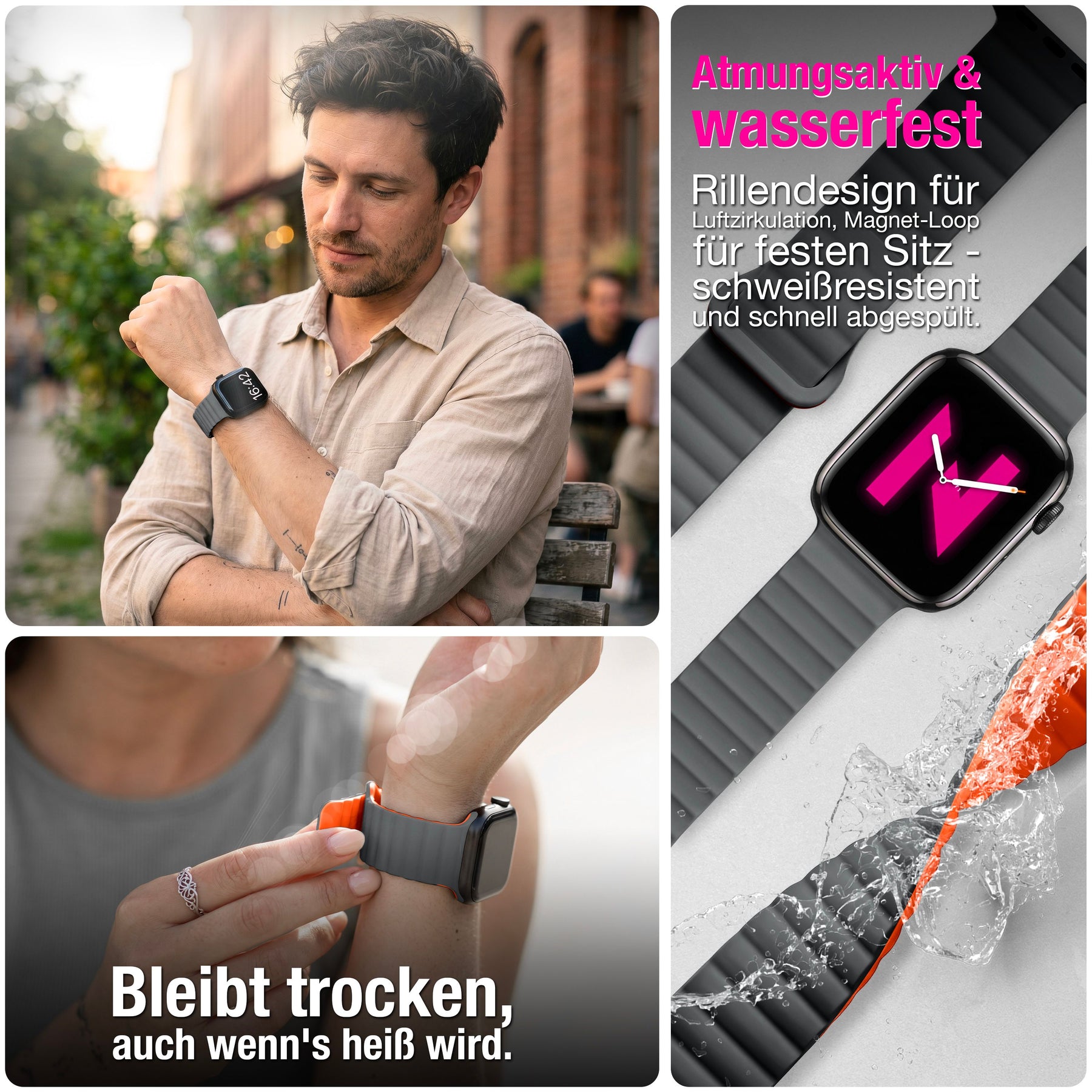 NALIA Core Magnet Armband kompatibel mit Apple Watch Series Ultra/SE/10/9/8/7/6/5/4/3/2/1 – 42/44/45/46/49mm, Atmungsaktives Silikon Loop, Sportarmband mit Rillendesign Vulkangrau NALIA Silikon Armband