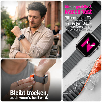 NALIA Core Magnet Armband kompatibel mit Apple Watch Series Ultra/SE/10/9/8/7/6/5/4/3/2/1 – 42/44/45/46/49mm, Atmungsaktives Silikon Loop, Sportarmband mit Rillendesign Vulkangrau NALIA Silikon Armband