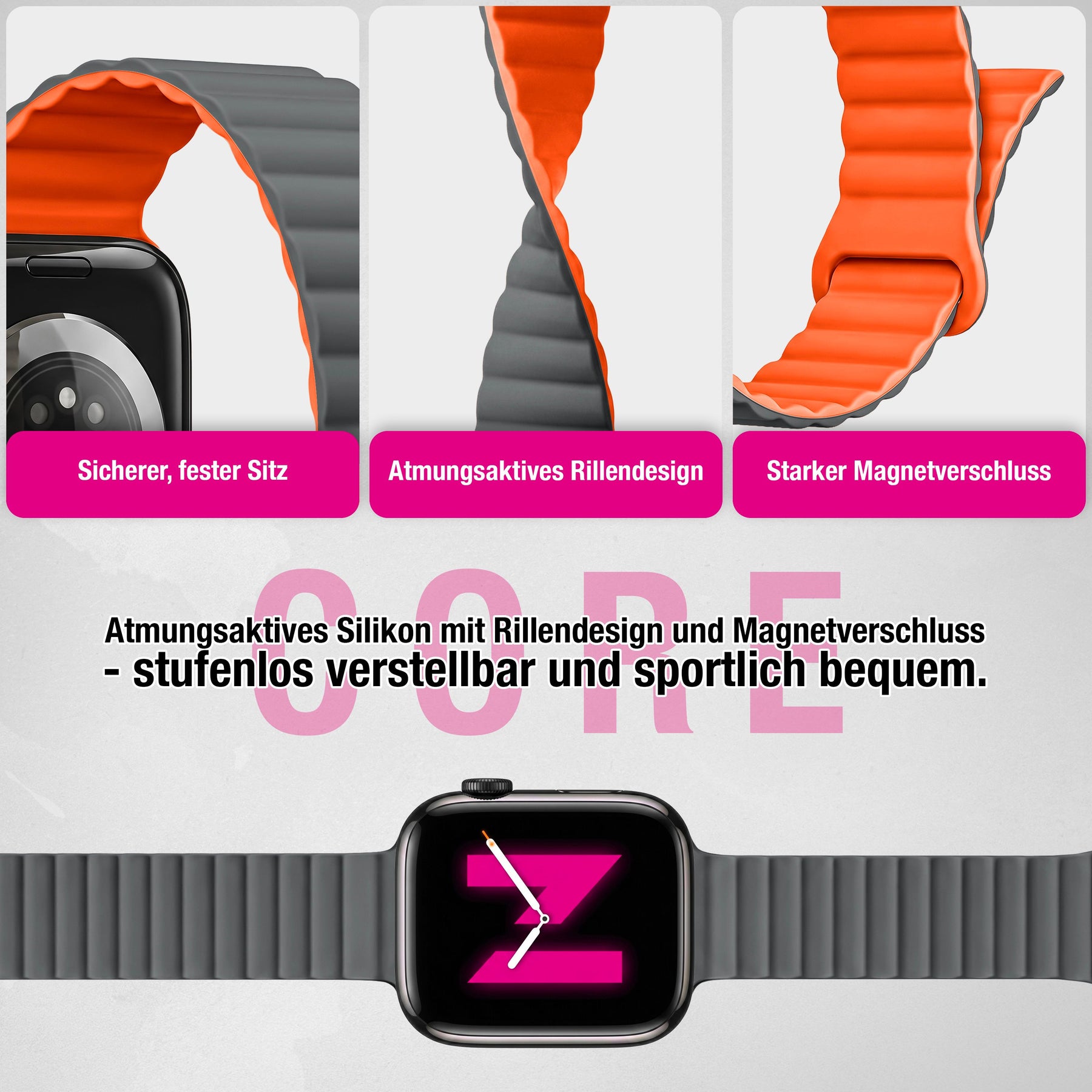 NALIA Core Magnet Armband kompatibel mit Apple Watch Series Ultra/SE/10/9/8/7/6/5/4/3/2/1 – 42/44/45/46/49mm, Atmungsaktives Silikon Loop, Sportarmband mit Rillendesign Vulkangrau NALIA Silikon Armband