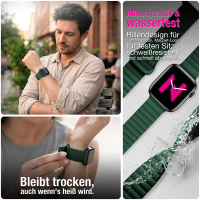 NALIA Core Magnet Armband kompatibel mit Apple Watch Series Ultra/SE/10/9/8/7/6/5/4/3/2/1 – 42/44/45/46/49mm, Atmungsaktives Silikon Loop, Sportarmband mit Rillendesign Waldgrün NALIA Silikon Armband