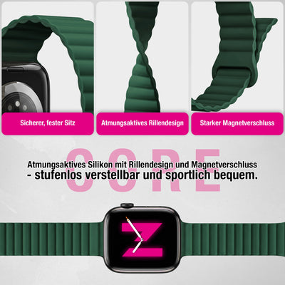 NALIA Core Magnet Armband kompatibel mit Apple Watch Series Ultra/SE/10/9/8/7/6/5/4/3/2/1 – 42/44/45/46/49mm, Atmungsaktives Silikon Loop, Sportarmband mit Rillendesign Waldgrün NALIA Silikon Armband