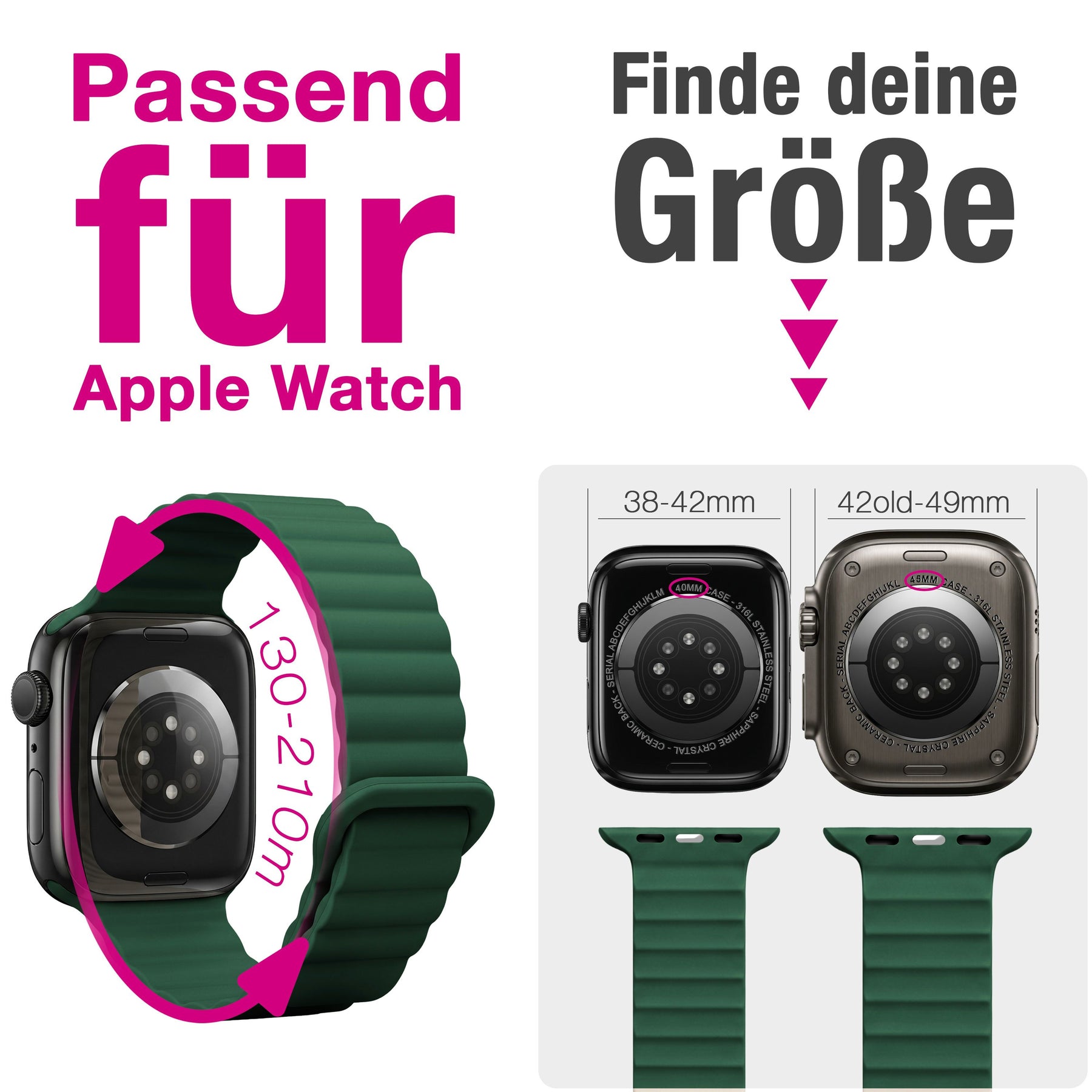 NALIA Core Magnet Armband kompatibel mit Apple Watch Series Ultra/SE/10/9/8/7/6/5/4/3/2/1 – 42/44/45/46/49mm, Atmungsaktives Silikon Loop, Sportarmband mit Rillendesign Waldgrün NALIA Silikon Armband
