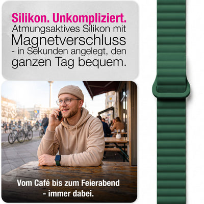 NALIA Core Magnet Armband kompatibel mit Apple Watch Series Ultra/SE/10/9/8/7/6/5/4/3/2/1 – 42/44/45/46/49mm, Atmungsaktives Silikon Loop, Sportarmband mit Rillendesign Waldgrün NALIA Silikon Armband