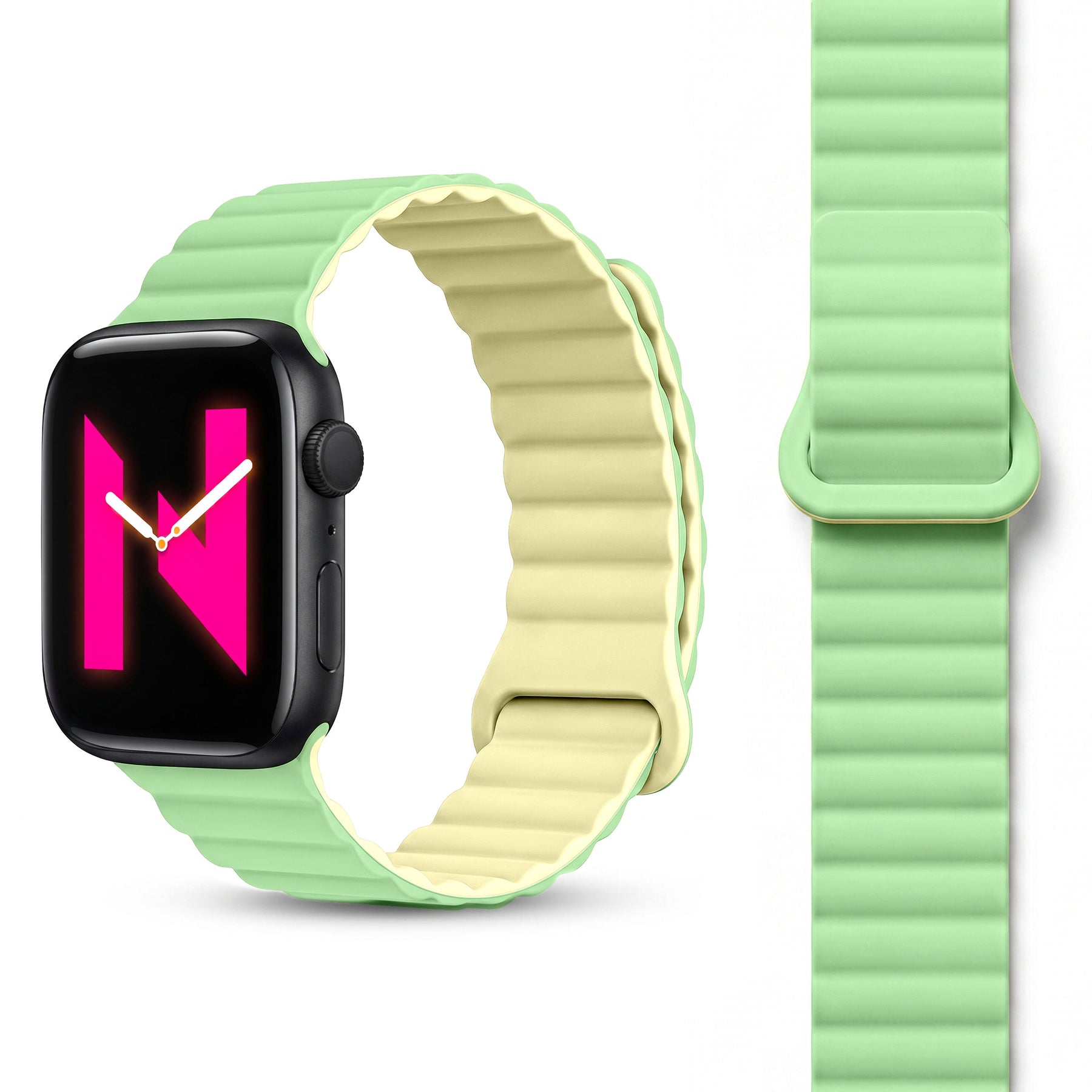 NALIA Core Magnet Armband kompatibel mit Apple Watch Series Ultra/SE/10/9/8/7/6/5/4/3/2/1 – 42/44/45/46/49mm, Atmungsaktives Silikon Loop, Sportarmband mit Rillendesign Zitronenwald NALIA Silikon Armband