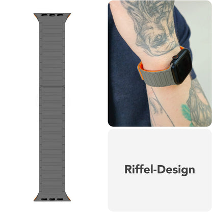 NALIA Nexus Armband für Apple Watch SE/10/9/8/7/6/5/4/3/2/1, Gehäusegröße 38/40/41/42mm, Magnetisches Silikon Loop Sportarmband mit Wellenstruktur Sandgrau Orange NALIA Silikon Armband