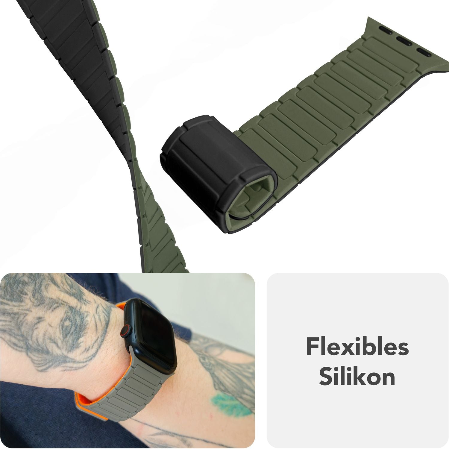 NALIA Nexus Armband für Apple Watch SE/10/9/8/7/6/5/4/3/2/1, Gehäusegröße 38/40/41/42mm, Magnetisches Silikon Loop Sportarmband mit Wellenstruktur Military Grün NALIA Silikon Armband