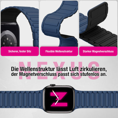NALIA Nexus Magnet Armband kompatibel mit Apple Watch Armband Series SE/iWatch 10 9 8 7 6 5 4 3 2 1, 38/40/41/42mm, Silikon Loop mit Rillendesign, Sportarmband Magnetisch Marineblau NALIA Silikon Armband