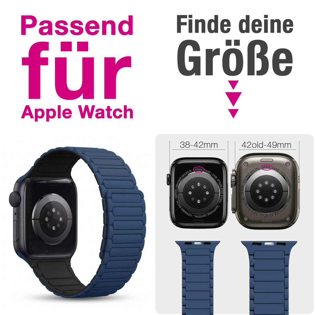 NALIA Nexus Magnet Armband kompatibel mit Apple Watch Armband Series SE/iWatch 10 9 8 7 6 5 4 3 2 1, 38/40/41/42mm, Silikon Loop mit Rillendesign, Sportarmband Magnetisch Marineblau NALIA Silikon Armband