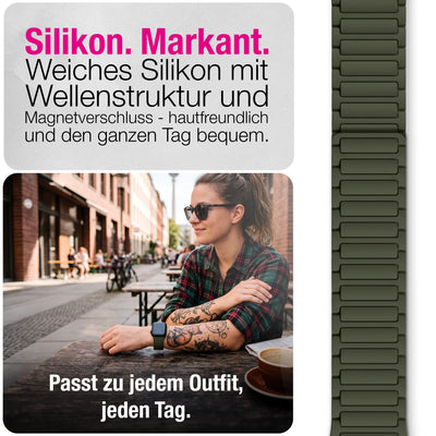 NALIA Nexus Magnet Armband kompatibel mit Apple Watch Armband Series SE/iWatch 10 9 8 7 6 5 4 3 2 1, 38/40/41/42mm, Silikon Loop mit Rillendesign, Sportarmband Magnetisch Military Grün NALIA Silikon Armband