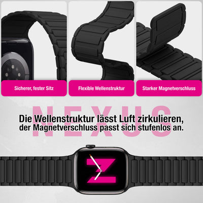 NALIA Nexus Magnet Armband kompatibel mit Apple Watch Armband Series SE/iWatch 10 9 8 7 6 5 4 3 2 1, 38/40/41/42mm, Silikon Loop mit Rillendesign, Sportarmband Magnetisch Nachtschwarz NALIA Silikon Armband