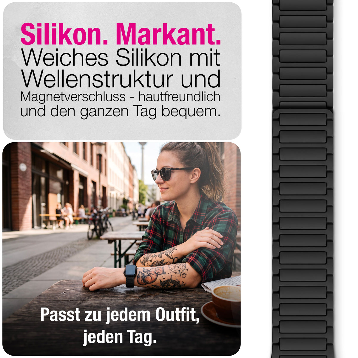 NALIA Nexus Magnet Armband kompatibel mit Apple Watch Armband Series SE/iWatch 10 9 8 7 6 5 4 3 2 1, 38/40/41/42mm, Silikon Loop mit Rillendesign, Sportarmband Magnetisch Nachtschwarz NALIA Silikon Armband