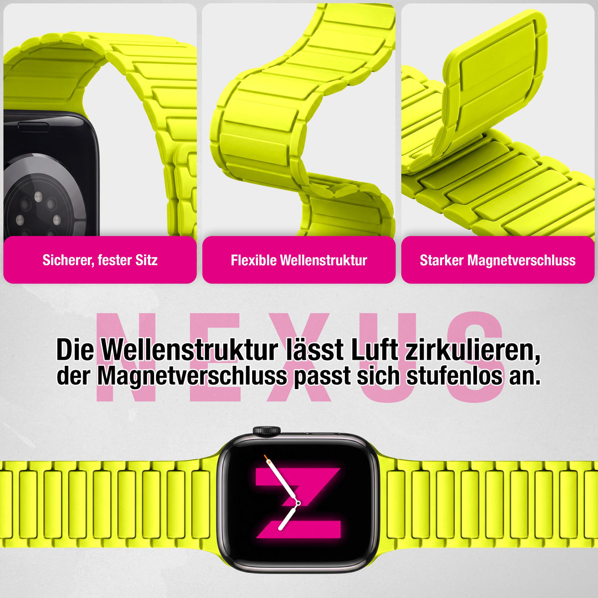NALIA Nexus Magnet Armband kompatibel mit Apple Watch Armband Series SE/iWatch 10 9 8 7 6 5 4 3 2 1, 38/40/41/42mm, Silikon Loop mit Rillendesign, Sportarmband Magnetisch Neongelb NALIA Silikon Armband