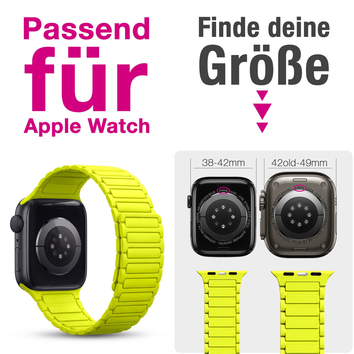 NALIA Nexus Magnet Armband kompatibel mit Apple Watch Armband Series SE/iWatch 10 9 8 7 6 5 4 3 2 1, 38/40/41/42mm, Silikon Loop mit Rillendesign, Sportarmband Magnetisch Neongelb NALIA Silikon Armband