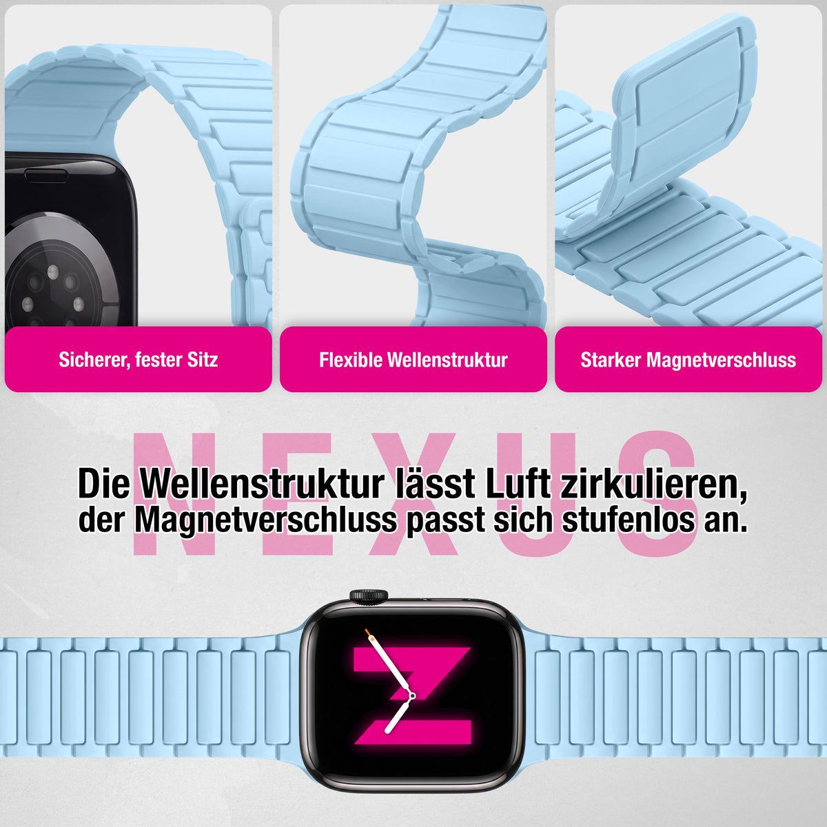 NALIA Nexus Magnet Armband kompatibel mit Apple Watch Armband Series SE/iWatch 10 9 8 7 6 5 4 3 2 1, 38/40/41/42mm, Silikon Loop mit Rillendesign, Sportarmband Magnetisch Ozeanblau NALIA Silikon Armband
